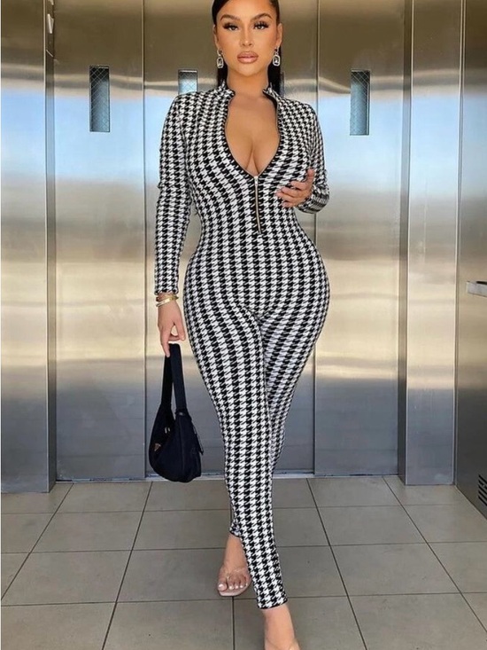 Fashion Nova Pants - Fashion Nova “No Fads” Houndstooth Sweater Jumpsuit with a front zipper